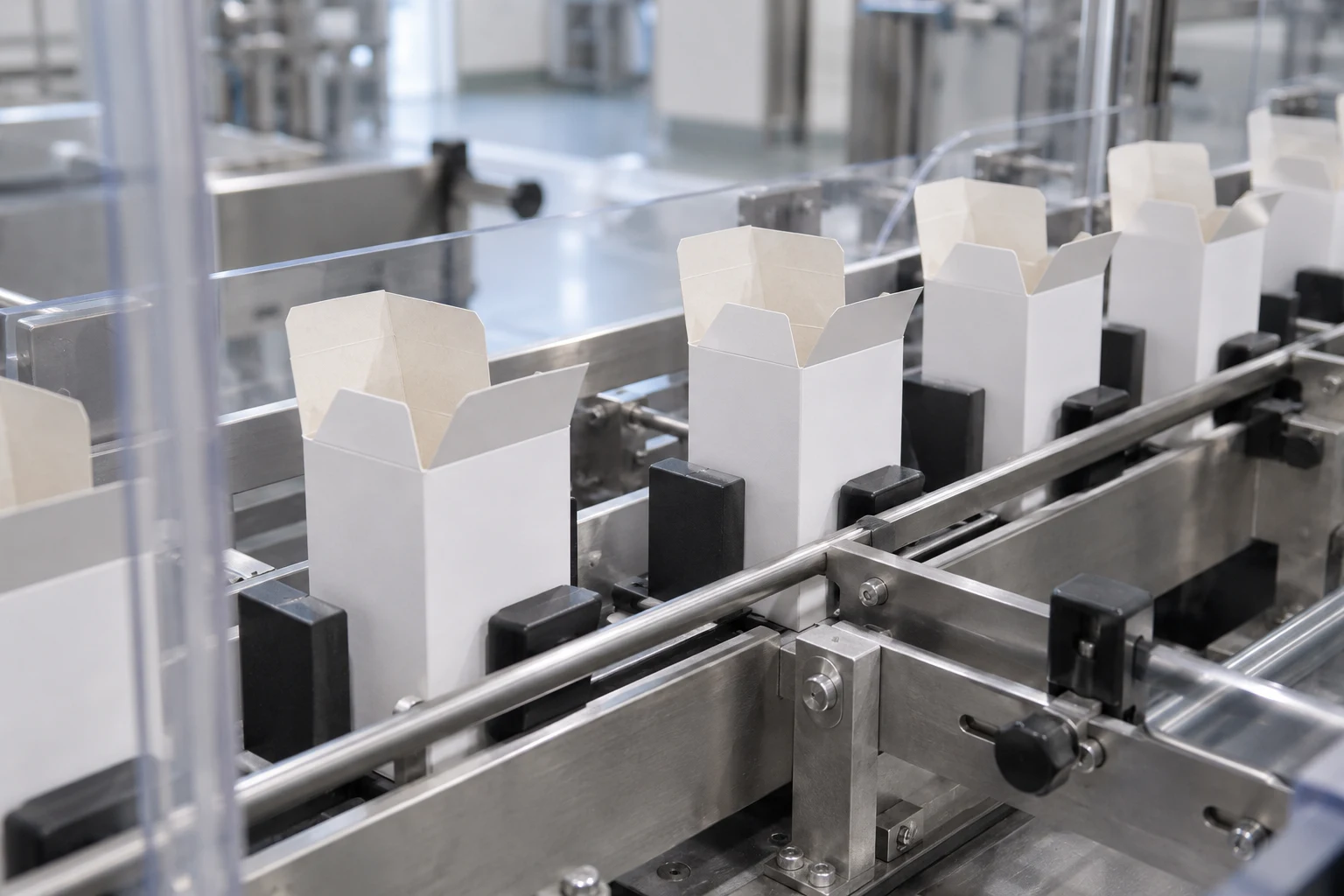 Carton transport concept with open cartons between guides