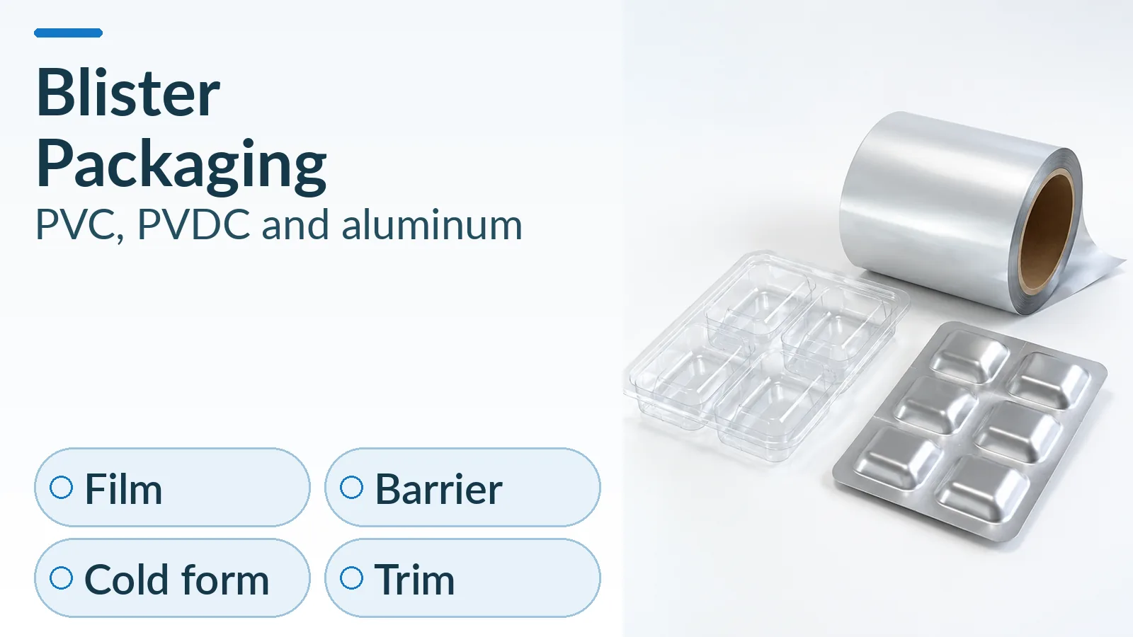 Clear blister pockets and a cold-form aluminum strip beside a plain lidding roll, next to the blister packaging guide title