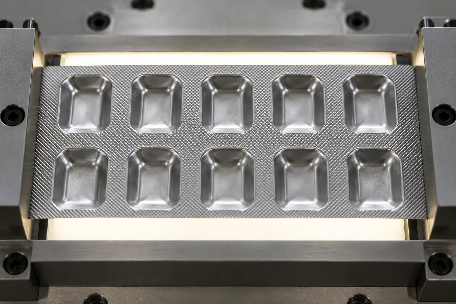 Empty cold-formed blister strip held in an inspection fixture over transmitted light