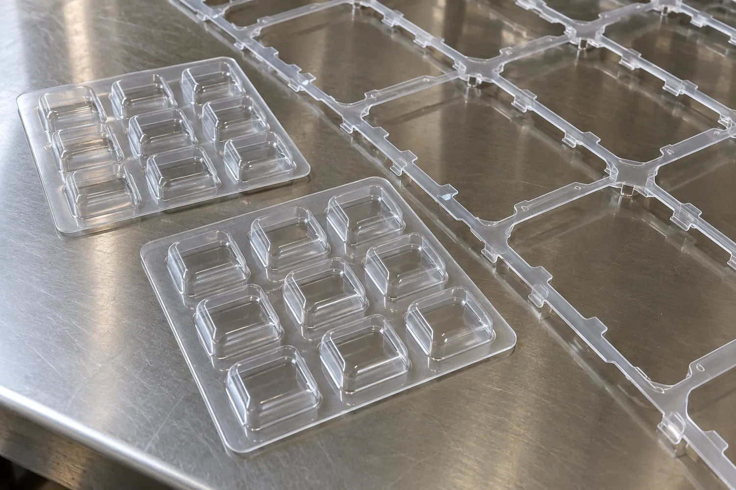 Empty transparent blister cards beside the matching forming-web trim skeleton