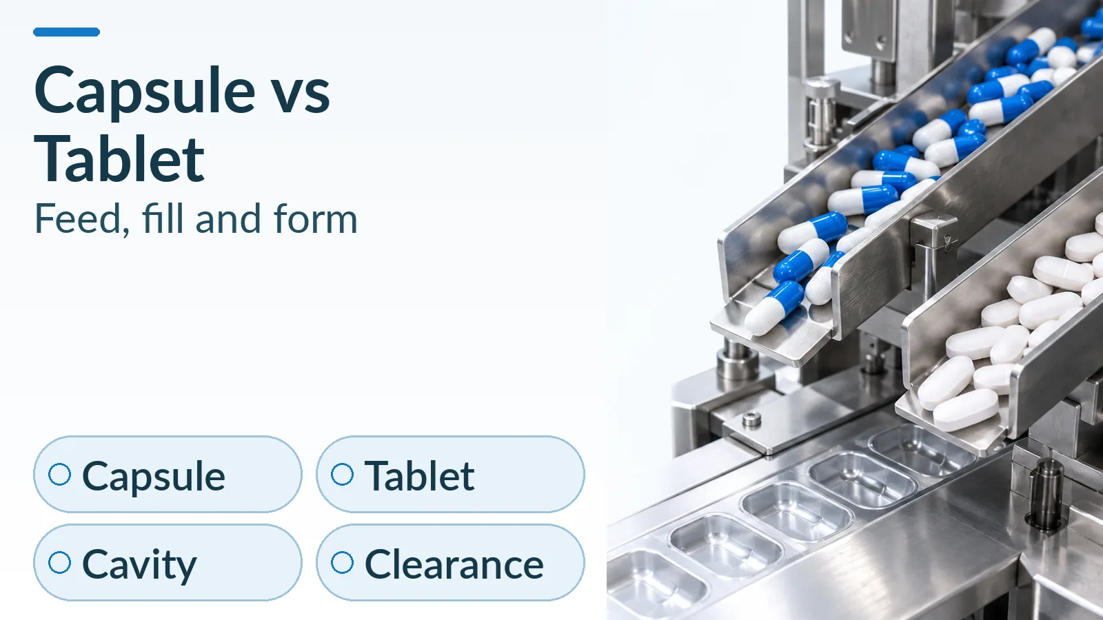 Finished capsules and tablets in separate stainless lanes beside the capsule versus tablet guide title