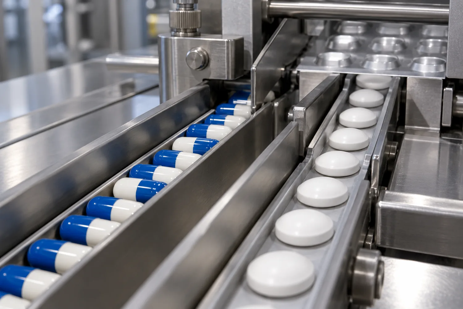 Capsules aligned lengthwise in one stainless lane beside round tablets in a second lane