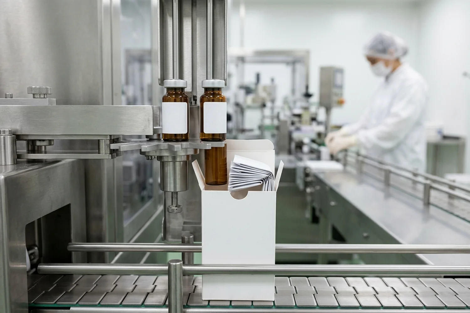 Two upright amber glass pharmaceutical vials in a stainless-steel guide lane positioned above an open vertical white carton containing a pre-folded thick paper booklet