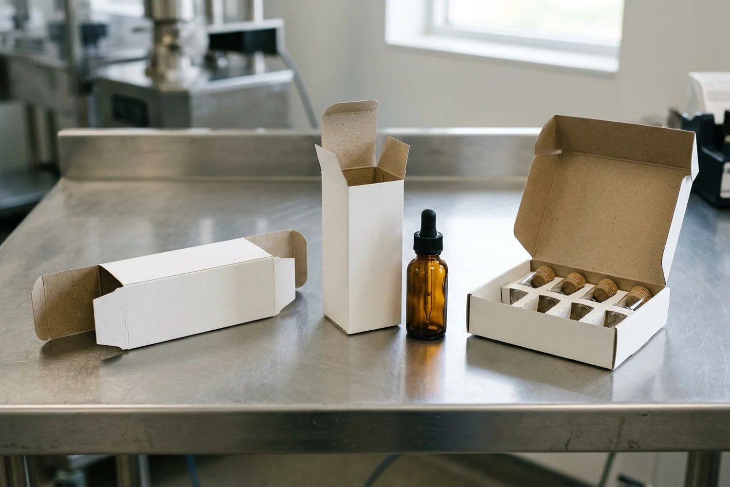 Three unprinted white pharmaceutical folding cartons on a stainless workbench comparing a flat horizontal side-load sleeve, an upright vertical end-load carton beside an amber bottle, and an open top-load tray carton with four partitioned glass vials