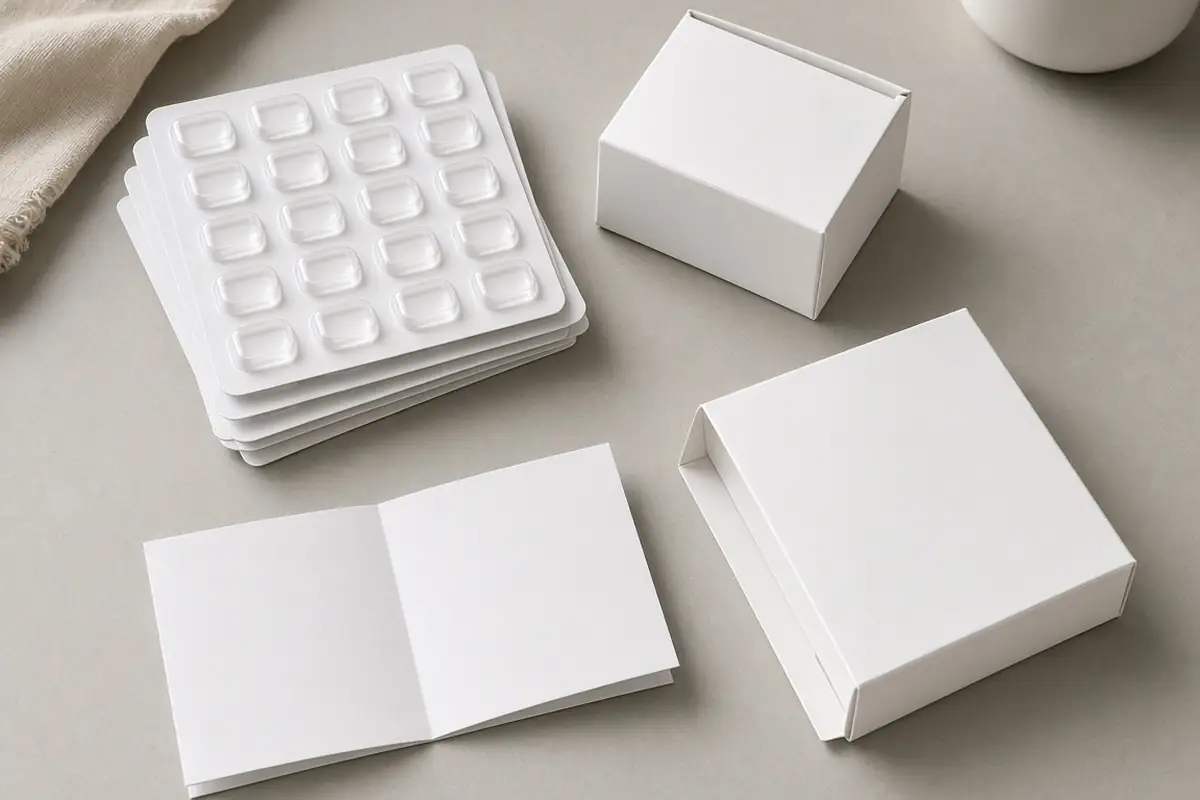 Blank blister cards, plain cartons and an unfolded leaflet on a desk