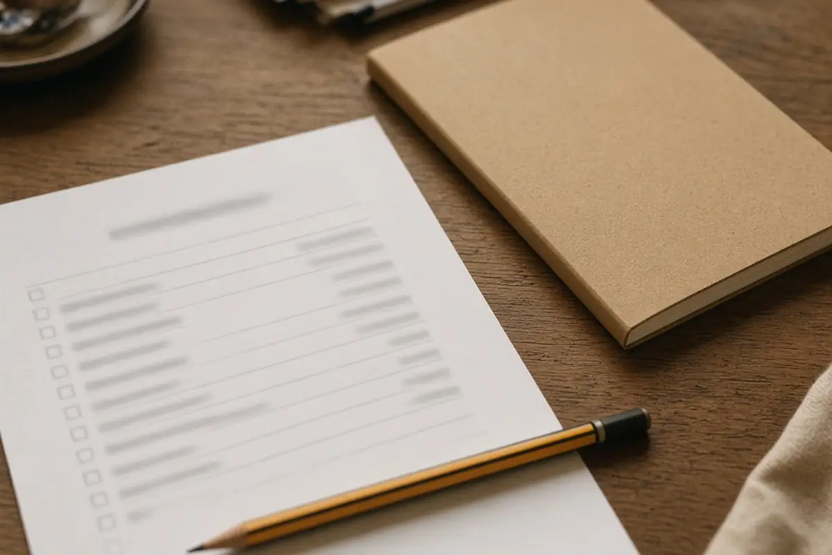 A checklist page with unreadable lines, a pencil and a closed notebook